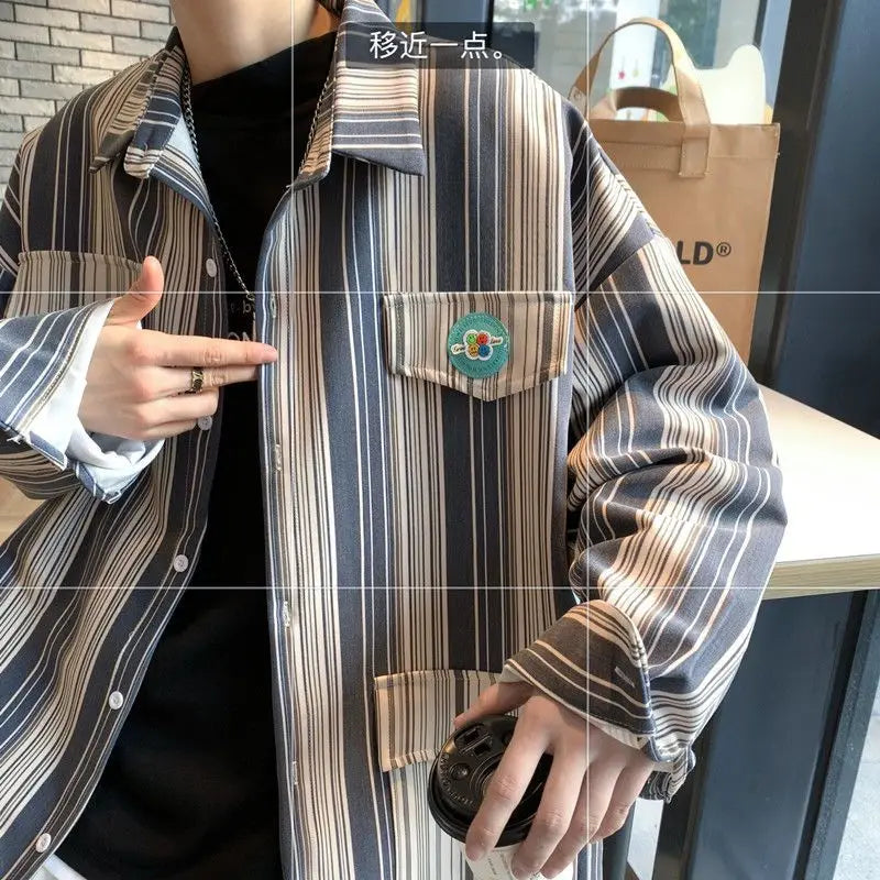 sanyamk - Streetwear Young Style Loose Korean Fashion Shirts Casual Striped Handsome Button Pockets Man Spring Summer Men's Clothing