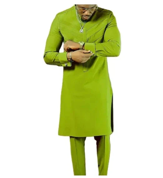 sanyamk - Kaftan Summer Men's Suits Short Sleeve Solid Top Pants Wedding African Ethnic Casual Wear Dashiki 2PCS Suit Fashion Men's Sets