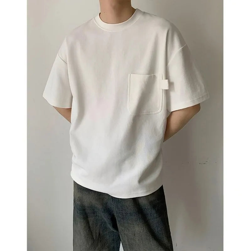 sanyamk - Summer Design Pocket 100% Cotton T-shirts for Men O-Neck Solid Color Bottoming Top Short Sleeve Loose Tee Harajuku T-shirt