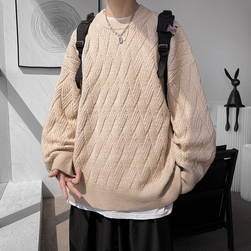 sanyamk Cable-knit Vintage Sweater Men Solid Color Loose Round Neck Male Pullovers Warm Fashion Unisex Casual Clothing
