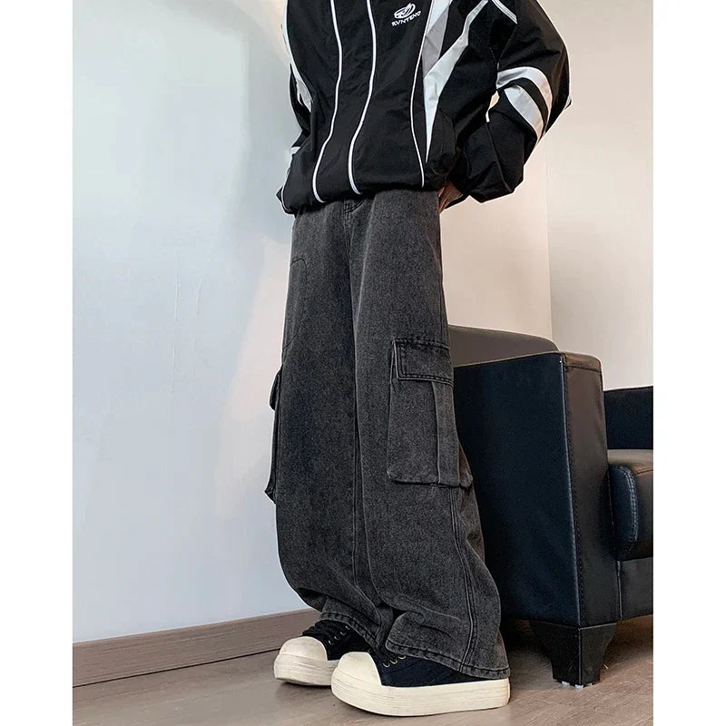 sanyamk Men Cargo Jeans Loose Straight Wide Leg Denim Pants Men's Hip Hop Streetwear Neutral Skateboard Mopping denim Trousers