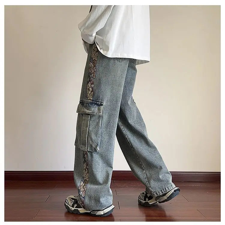 sanyamk Hip hop trend personalized straight leg retro washed workwear jeans American men and women street loose wide leg casual pants
