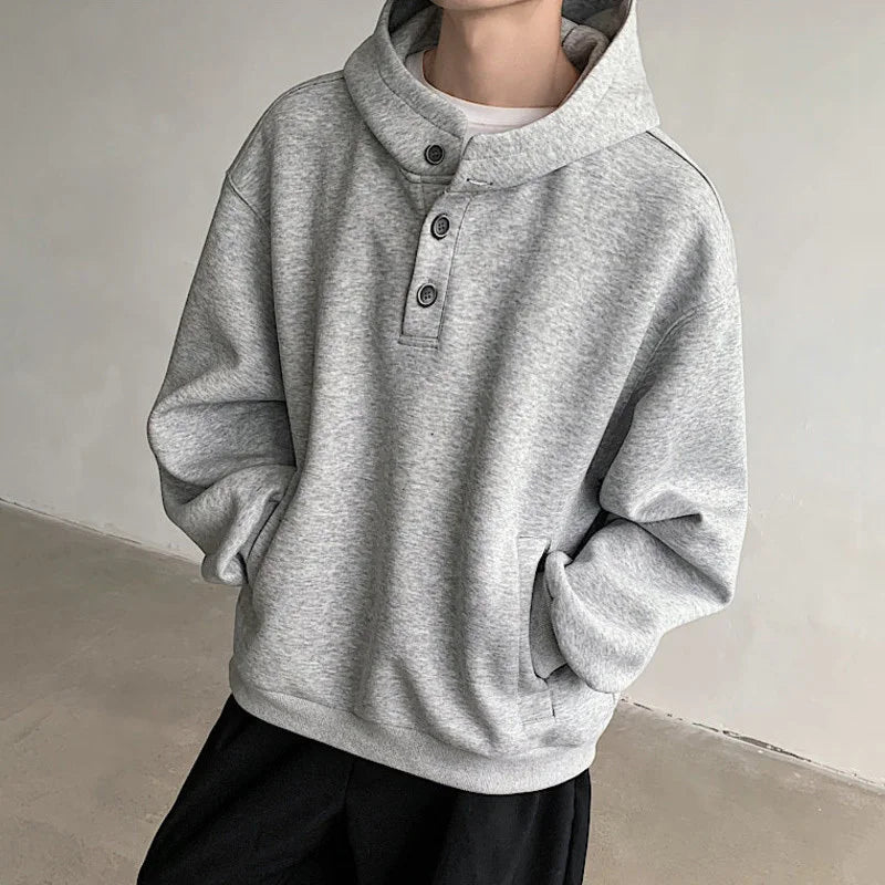 sanyamk - American Style Men's Sweatshirts Casual Button Design Hooded Solid Color Tops Loose Pullover Male Hoodies Autumn 9C8557