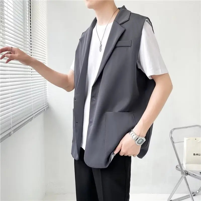 sanyamk Grey Black Suit Vest Men Fashion Social Mens Dress Vest Korean Loose Sleeveless Blazer Mens Jacket Office Formal Vest M-2XL