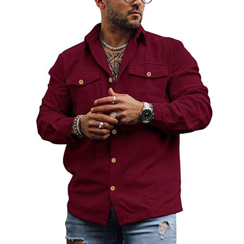 Bonsir Mens Corduroy Button Short Sleeve Shirt Spring Autumn Casual StreetwearWith Pockets Solid Color Shirt For Men Overcoat