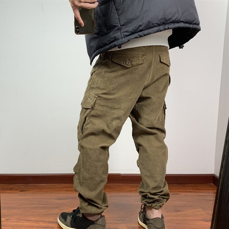Bonsir Fashion Streetwear Cargo Pants Men Vintage Multi Pockets Loose Solid Corduroy Pants Mens Autumn Casual Zipper Mid Waist Trouser