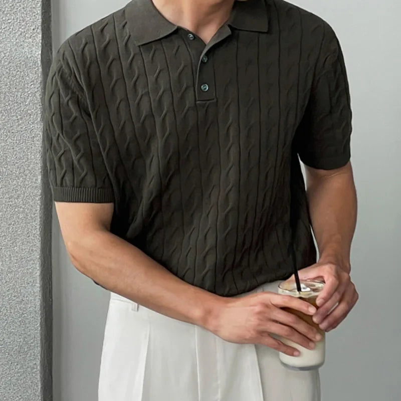 sanyamk - New Summer Loose Men's T-shirts Casual Turn-down Collar Short Sleeve Knitting Buttons Male Clothing Fashion 2024 9C6225