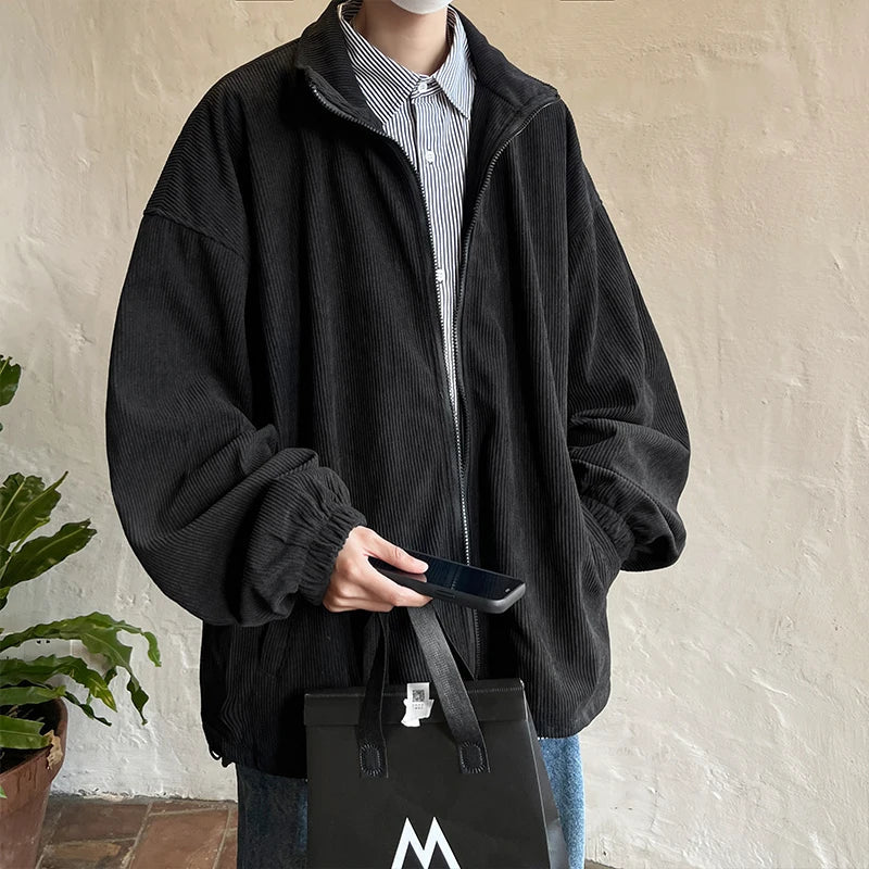 sanyamk Autumn Vintage Corduroy Jackets Men Japan Style Casual Loose Outerwear Solid High Collar Zipper Coat Fashion Oversize Clothing