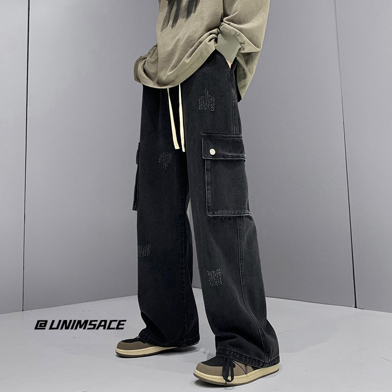 sanyamk 3 Colors Baggy Jeans Men Fashion Casual Pocket Cargo Jeans Men Streetwear Loose Hip-hop Straight Denim Pants Mens Trousers M-2XL