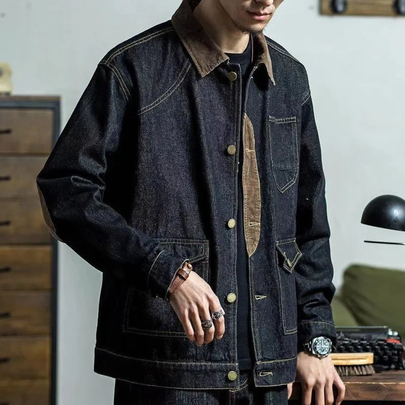 sanyamk Vintage Denim Jackets Men Retro Cargo Jacket Coats Outerwear Coat for Men Distressed Streetwear Japanese Patchwork