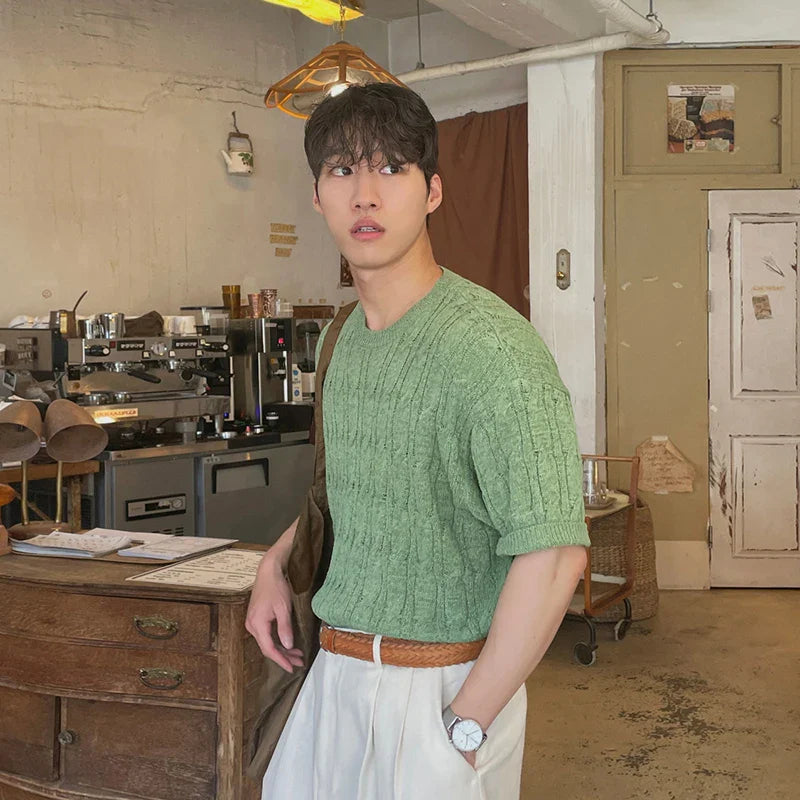 sanyamk - Summer Handsome Well Fitting Tops 2024 New Men Knitted O-Neck Simple Daily T-shirts Casual Fashion Solid Short Sleeve B102