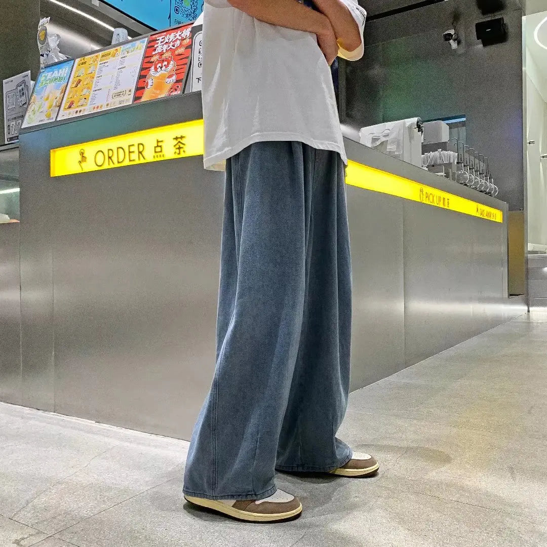 sanyamk Men's Pure Color Cargo Jeans Simple All-match Wide Leg Pants Trousers Men Hip Hop Streetwear Oversized 90s Vintage Fashion Denim