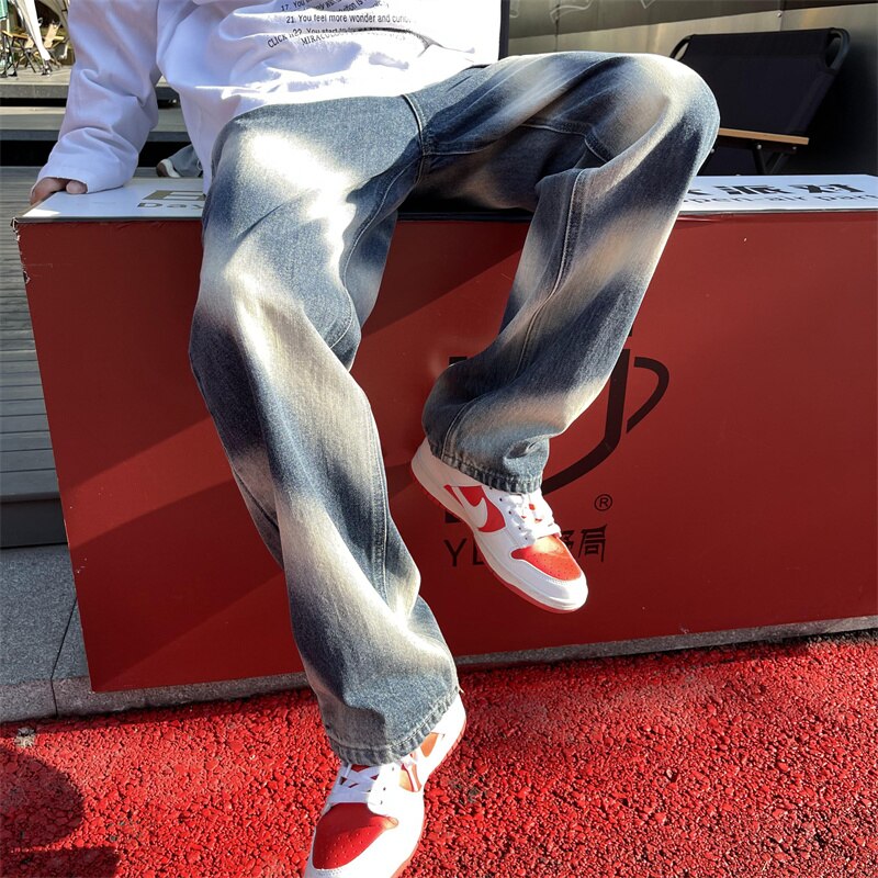 sanyamk Fashion Brand Men's Tie-dyed Jeans College Students Hip-hop Dance Y2k Loose Straight Pants Women's Baggy Blue Jeans