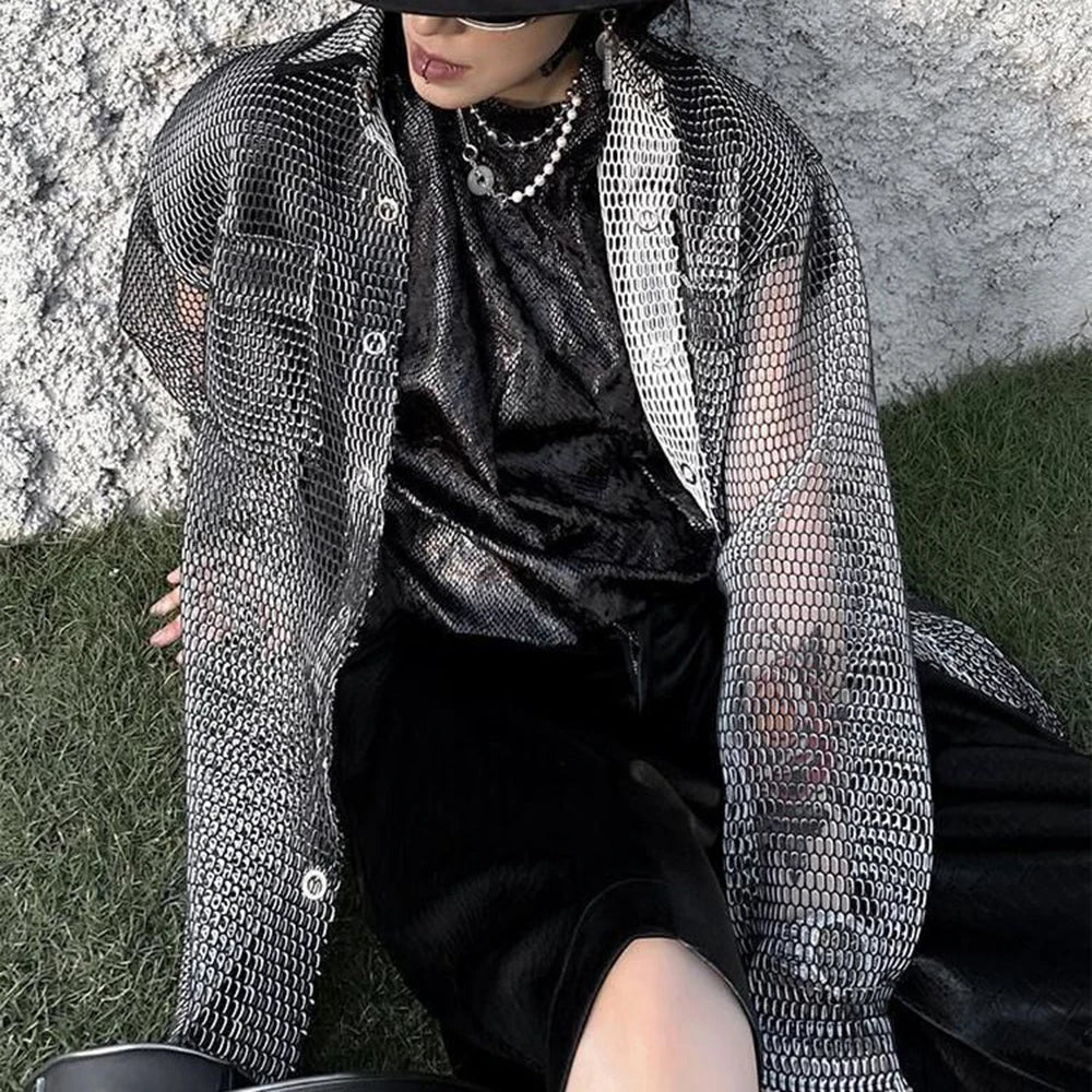 sanyamk Men's Harajuku Mesh Top Shirt Men's Casual Loose Oversized All Match Blouse Harajuku Streetwear Vintage Korean Blusas Sunscreen