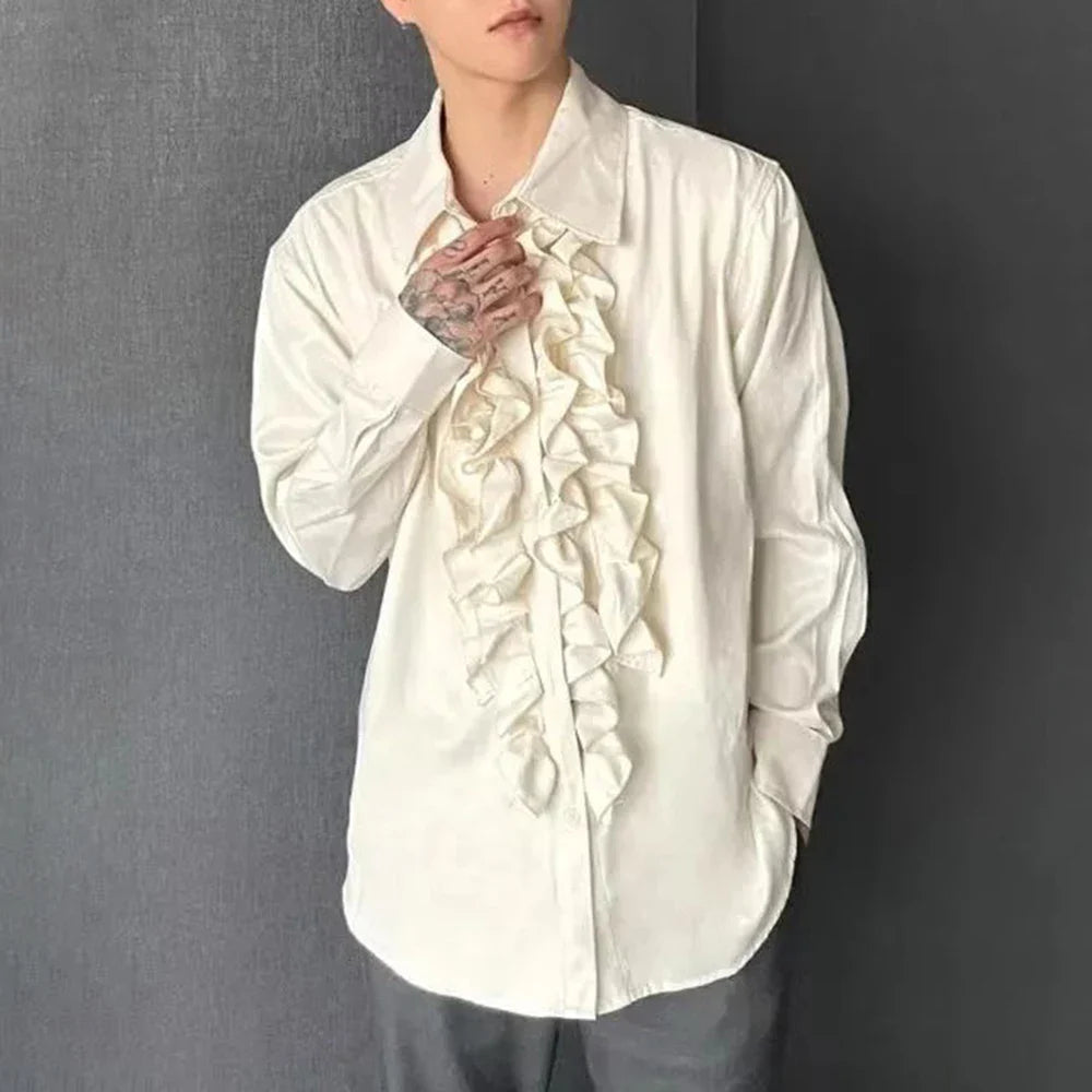 sanyamk Mens Palace Style Ruffled Long-Sleeved Shirt 2024 New Genderless Medieval Pleated Loose Retro Solid Color Stage Clothing Unisex