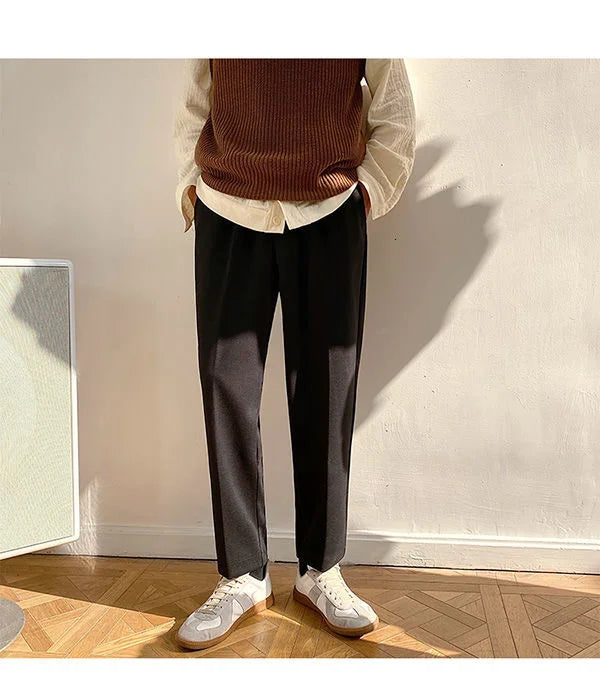 Bonsir - Autumn Elastic Waist Causal Pants For Men Korean Trend Solid Color Dark Pattern Slim Fit Trousers Black Apricot 2Y2313