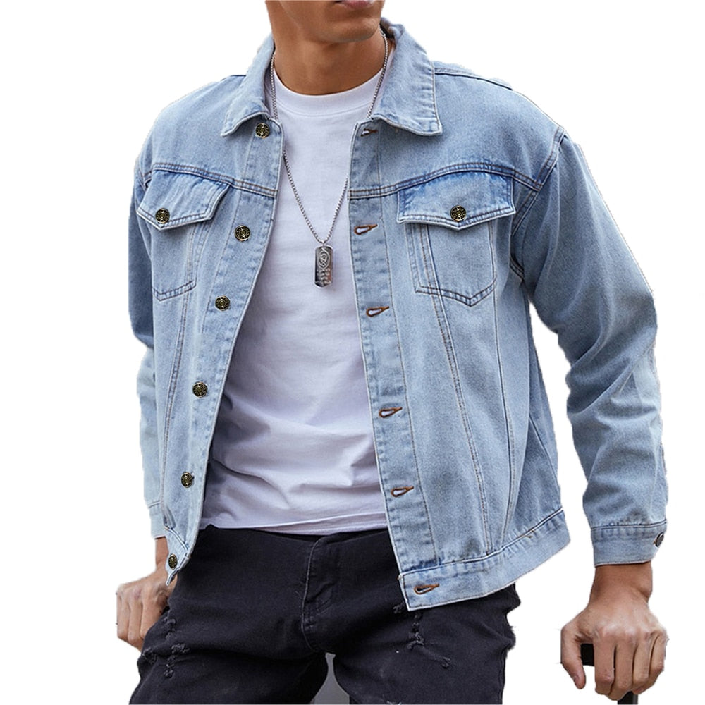 sanyamk New Cotton Denim Jacket Men Casual Solid Color Lapel Single Breasted Jeans Jacket Men Autumn Slim Fit Quality Mens Jackets