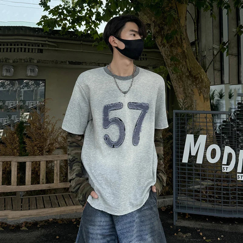sanyamk - Niche Design Men's T-shirts Round Collar Letter Patchwork Camouflage Long Sleeve Contrast Color Loose Male Tees New 9C9072