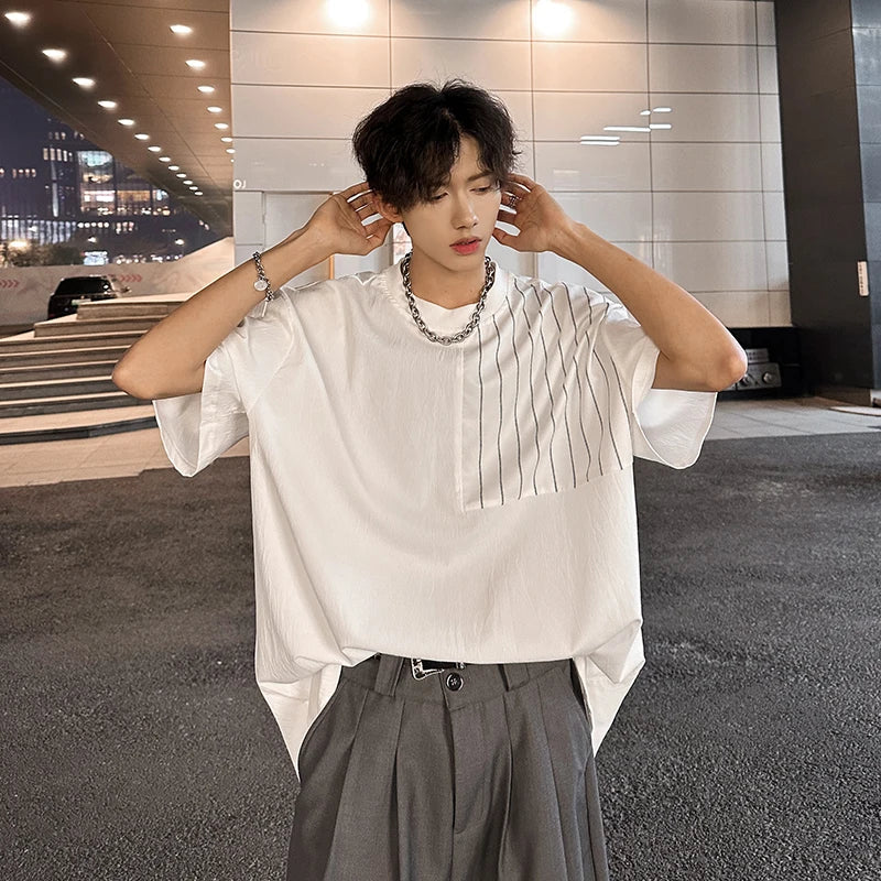 sanyamk - Summer Men's Oversized Short Sleeve Tee Patchwork Striped Black White Loose t-shirts for men