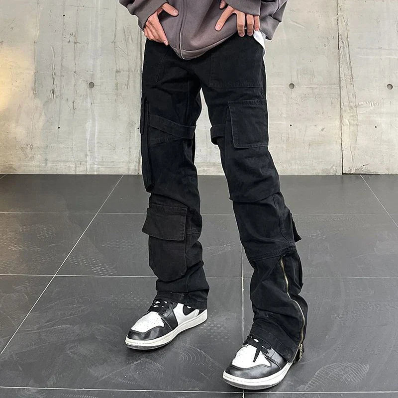 Bonsir American Style High Street Strappy Zipper Tooling Casual Loose Pants Men's Retro Army Green Straight Trousers Male Clothes