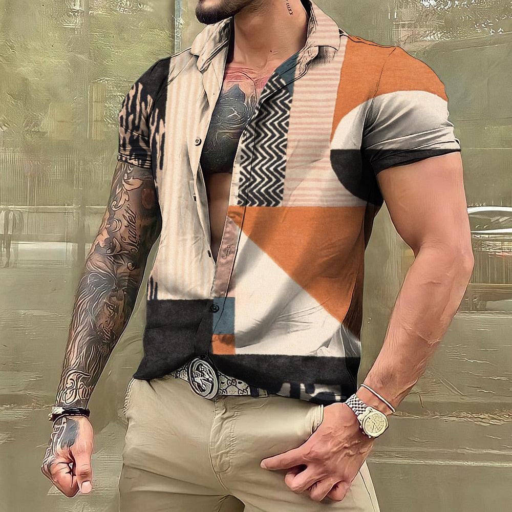 Bonsir Vintage For Men Shirts Patchwork 3d Print Camisas Lapel Oversized Short Sleeve Tops Streetwear Summer Male Hawaiian Shirt Tees