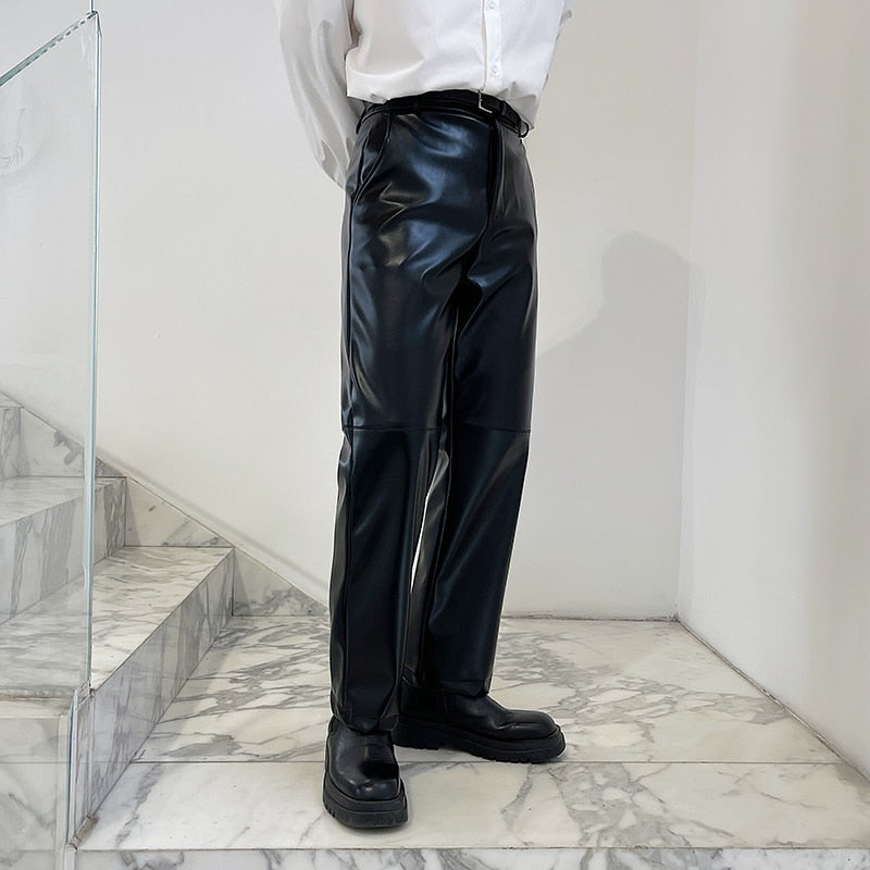 Bonsir Casual PU Leather Straight Trousers for Men Korean Streetwear Vintage Fashion Motorcycle Pants Male Niche Leather Pants