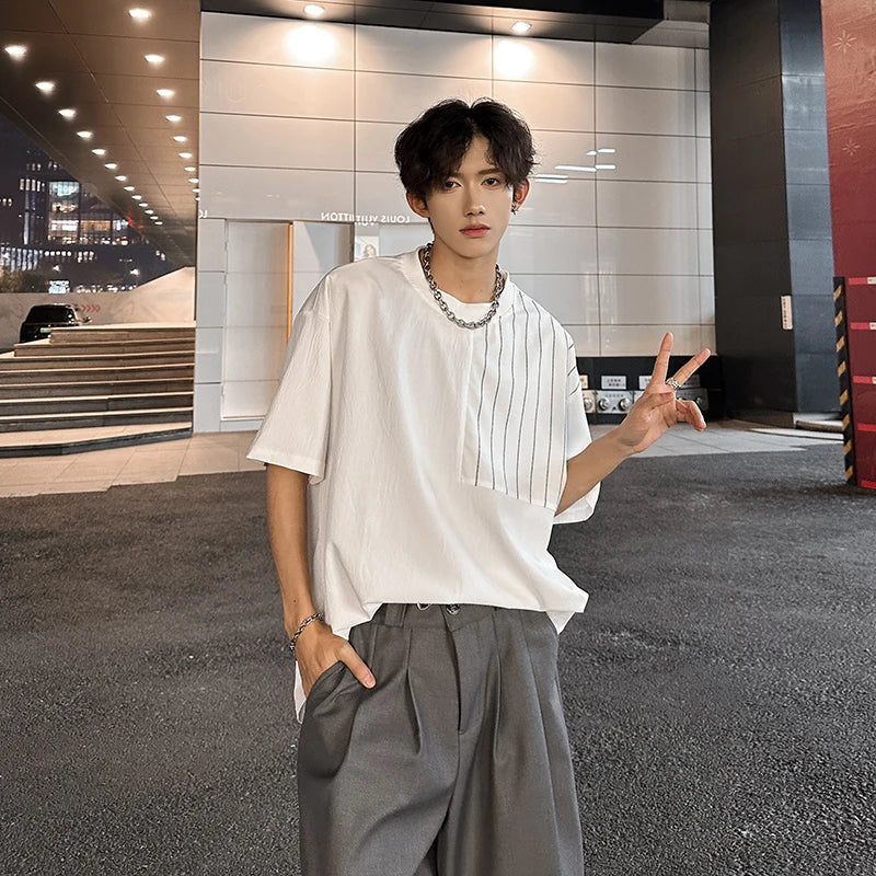 sanyamk - Summer Men's Oversized Short Sleeve Tee Patchwork Striped Black White Loose t-shirts for men