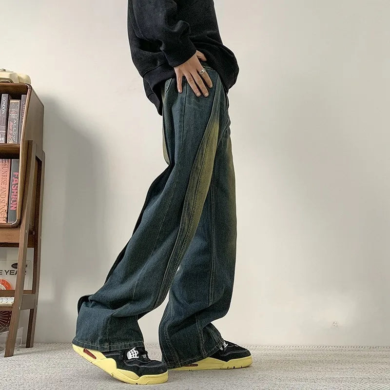sanyamk Fashion High Street Mens Baggy Jeans Man Pants Black Blue Vintage Distress Layer Straight Long Denim Trousers Hip Hop Clothing
