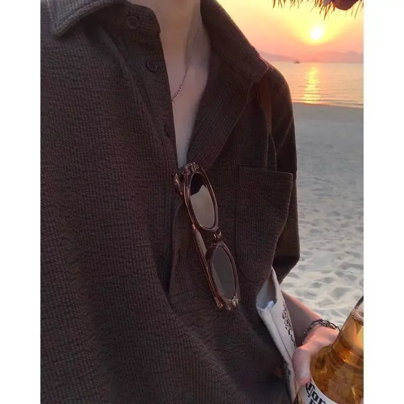 sanyamk - Summer Lapel Solid Color Knit Polo T-shirts for Men Short Sleeve Tee Korean Fashion Loose Casual Golf Button Waffle Polo Shirts