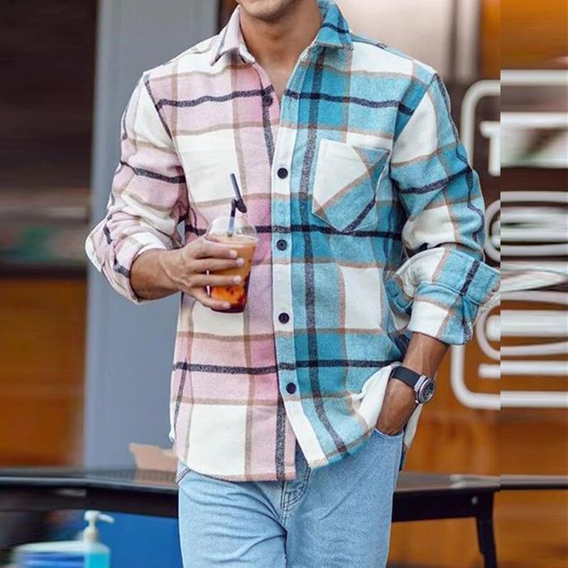 Bonsir Casual Long Sleeve Mens Jackets Button-up Turn-down Collar Cardigans Tops Autumn Men Fashion Plaid Printed Coats Outerwear
