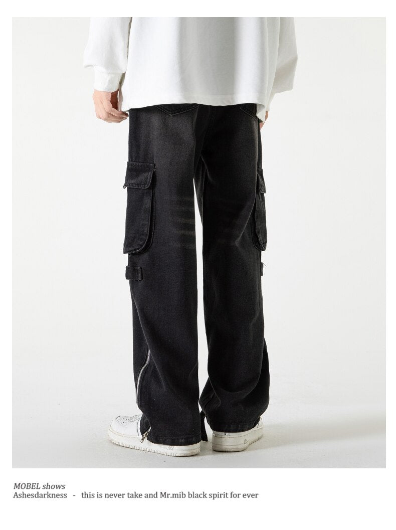 Bonsir Baggy Cargo Jeans big pocket Trousers Male Denim Pants Flared Pant women's Jeans Loose Casual Streetwear Hip Hop Harajuku