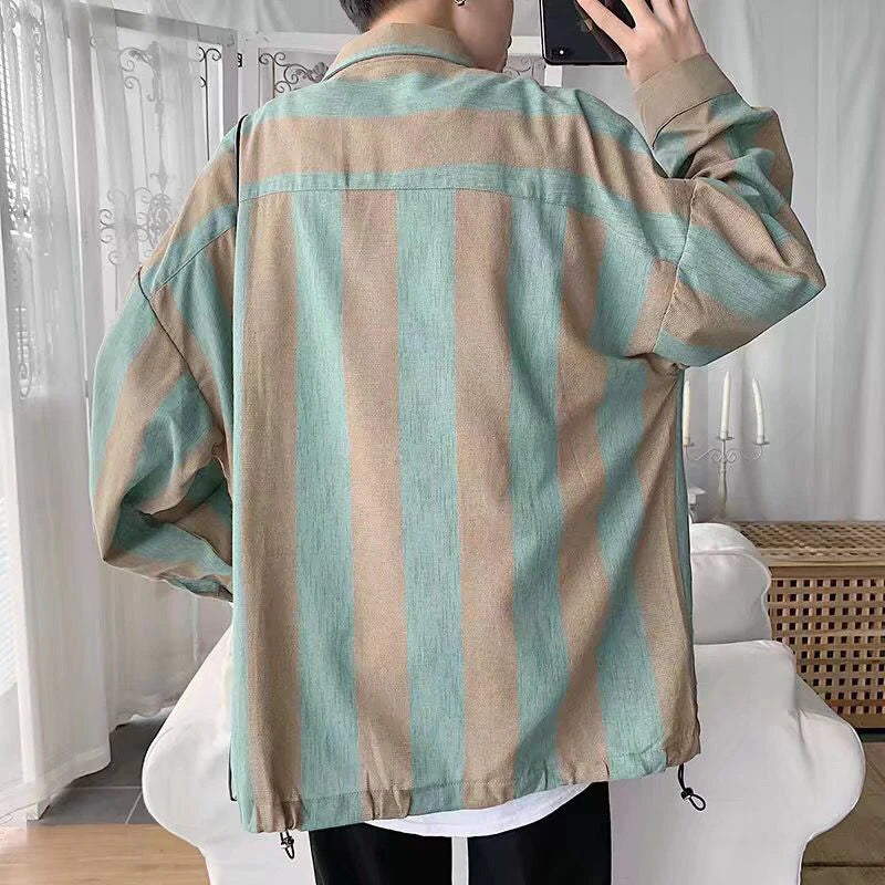 Bonsir Green White Vertical Striped Long Sleeve Shirt Men Oversized Blouses Spring Fall Fashion Japan Vintage Hit Color Cardigan