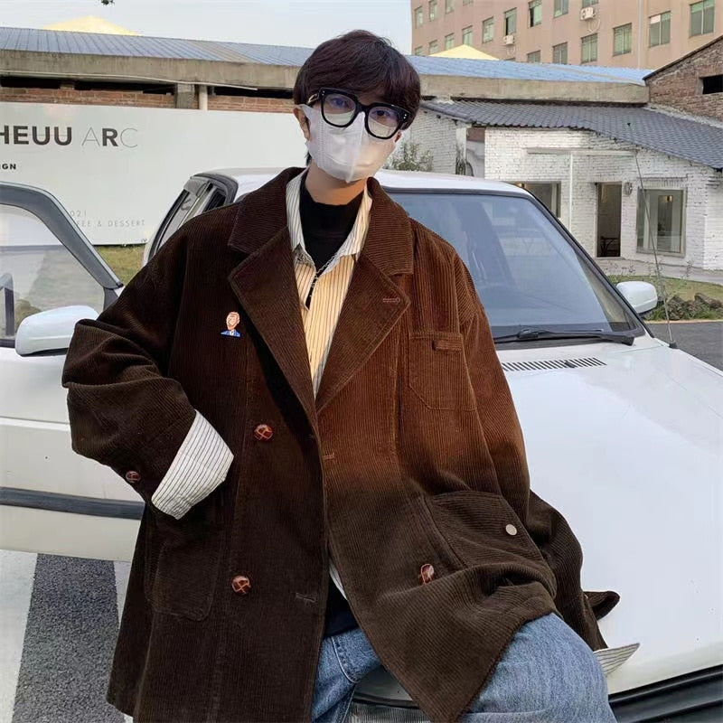 sanyamk Winter Men's Dark Brown Vintage Suit Jacket Handsome Male Retro Outerwear Corduroy Fabric Fashion Trend Coats Size S-4XL