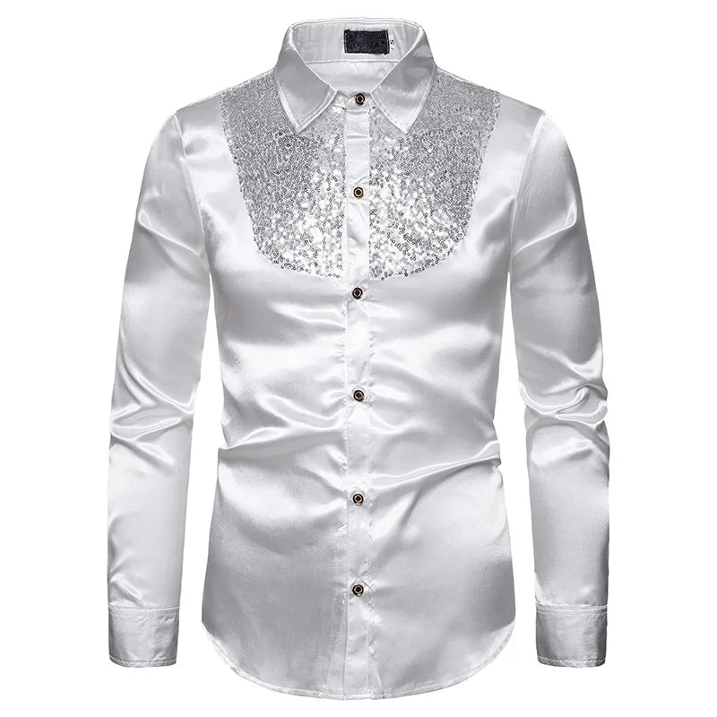 sanyamk Men's Shirt Sequin Lapel Solid Color Slim Fitting Business Casual For Wedding Banquet Performance Men Suit Long Sleeved Shirt