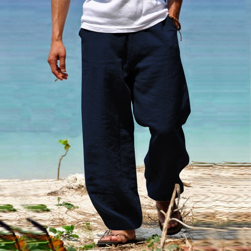 Bonsir Spring Summer Vintage Men's Solid Color Cotton Linen Long Pants Casual Trousers Men Leisure Drawstring Beach Pants