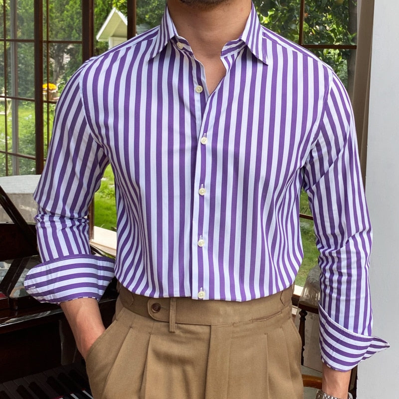 Bonsir British Casual Contrasting Colors Stripe Shirt Retro Shirt Dress Camisa Masculina Social Italian Fall Men Long Sleeve Shirt