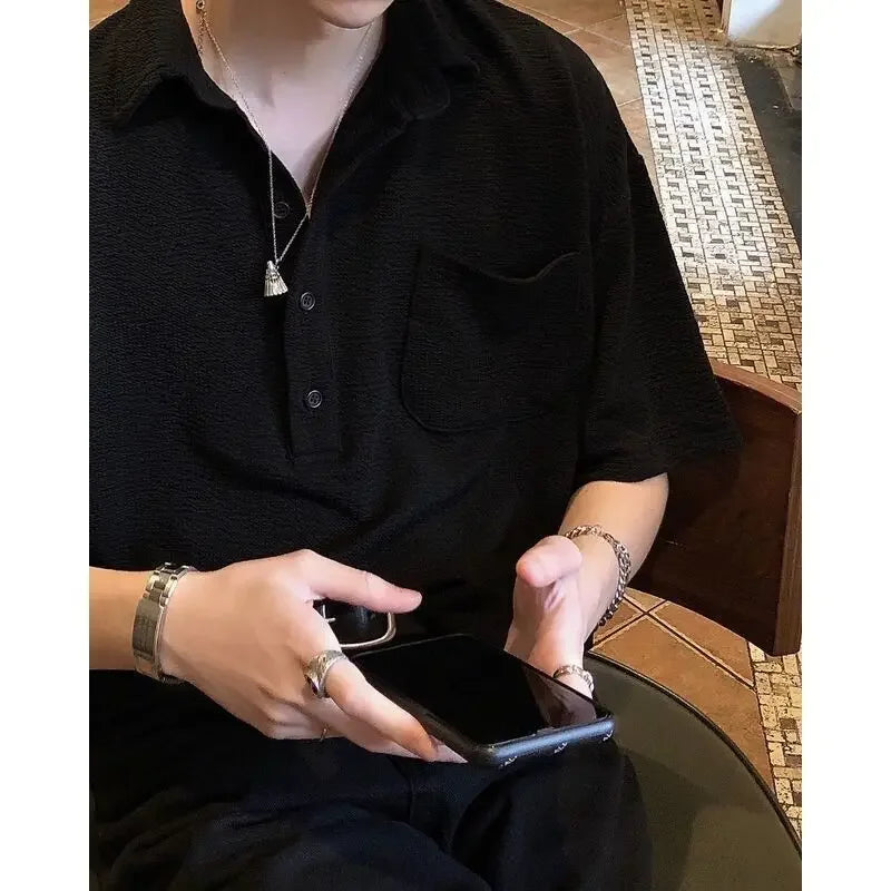 sanyamk - Summer Lapel Solid Color Knit Polo T-shirts for Men Short Sleeve Tee Korean Fashion Loose Casual Golf Button Waffle Polo Shirts
