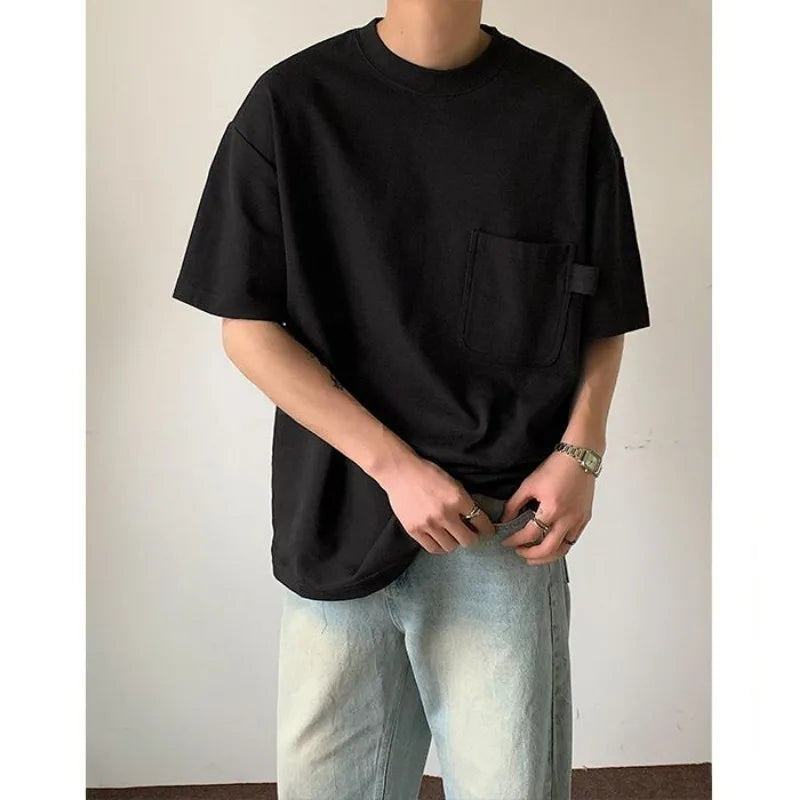 sanyamk - Summer Design Pocket 100% Cotton T-shirts for Men O-Neck Solid Color Bottoming Top Short Sleeve Loose Tee Harajuku T-shirt