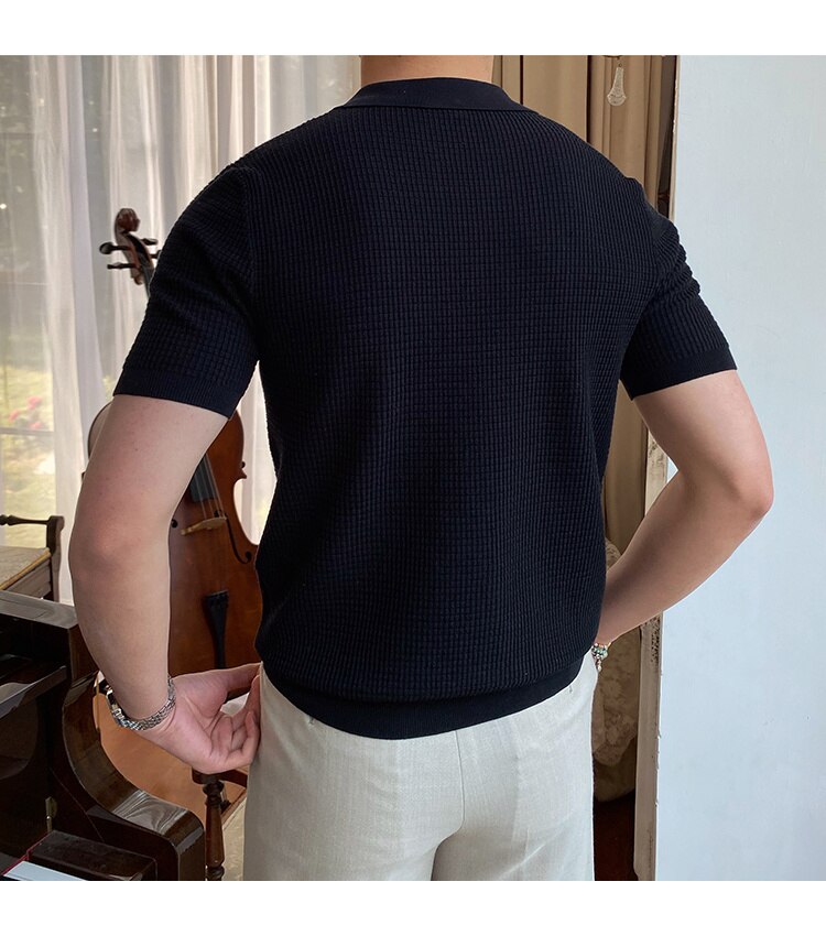 sanyamk Summer New V-neck Men's Solid Color Short-sleeved T-shirt British Slim Lapel Knitted Striped Casual Polo Shirt