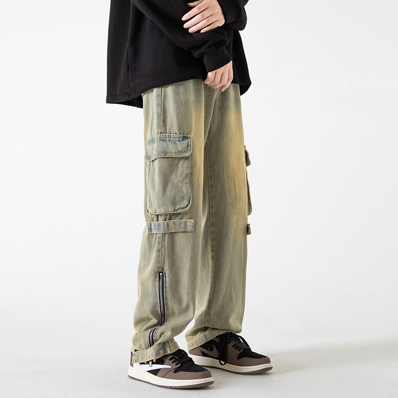 Bonsir Baggy Cargo Jeans big pocket Trousers Male Denim Pants Flared Pant women's Jeans Loose Casual Streetwear Hip Hop Harajuku