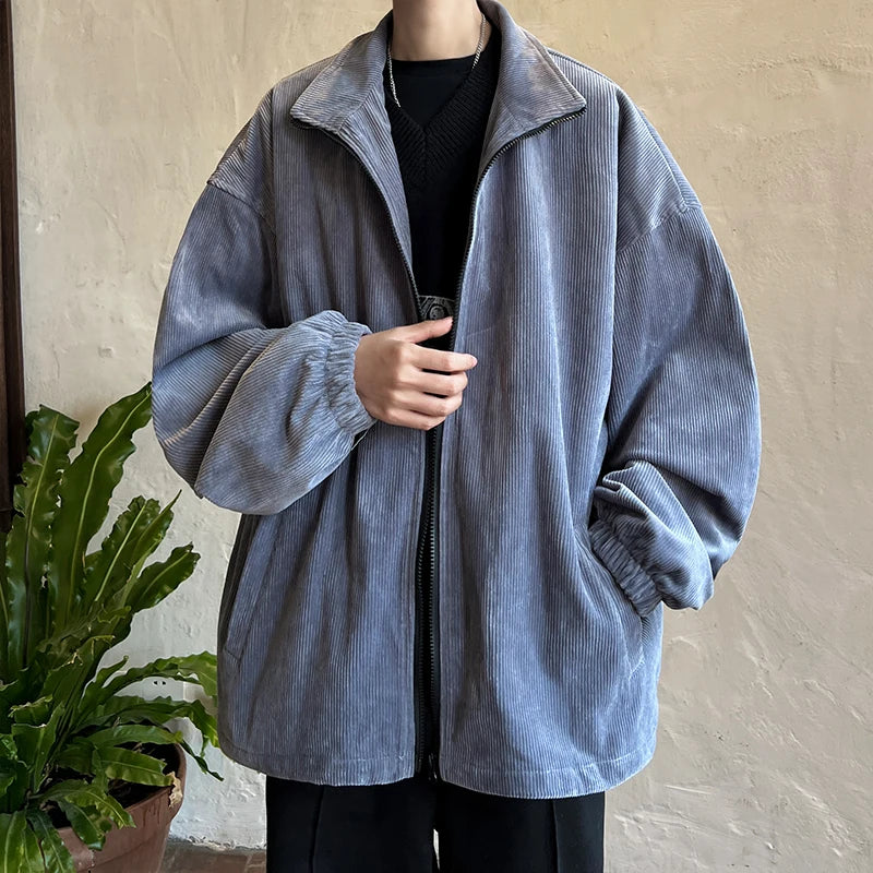 sanyamk Autumn Vintage Corduroy Jackets Men Japan Style Casual Loose Outerwear Solid High Collar Zipper Coat Fashion Oversize Clothing