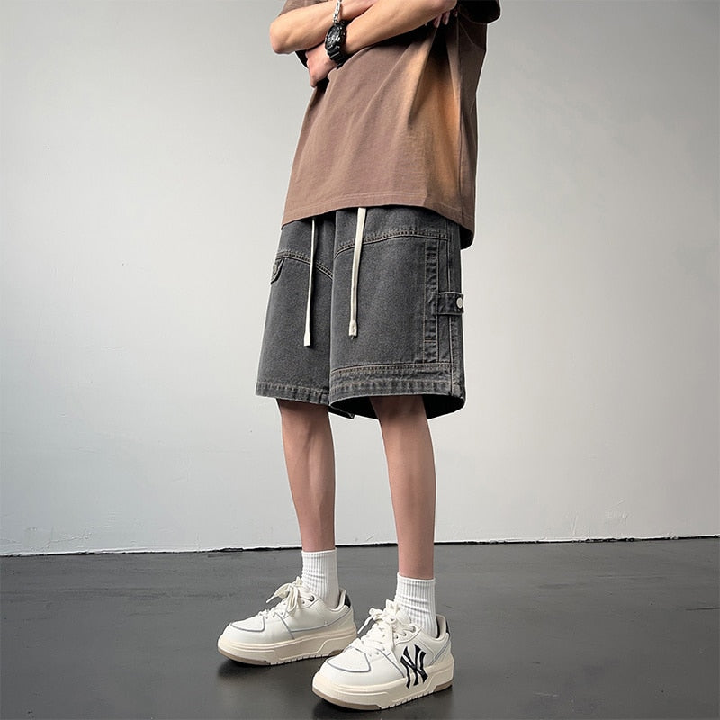 sanyamk Summer Denim Shorts Men Fashion Retro Pocket Denim Shorts Mens Japanese Streetwear Hip Hop Loose Straight Cargo Jeans Shorts Men