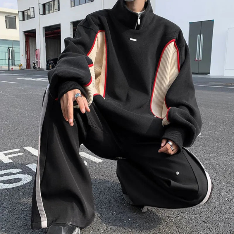 sanyamk - Men's Clothing 2024 Autumn Winter Half Turtleneck Fleece Sweatshirt Trendy Fashion Contract Color Sweatshirts Tops