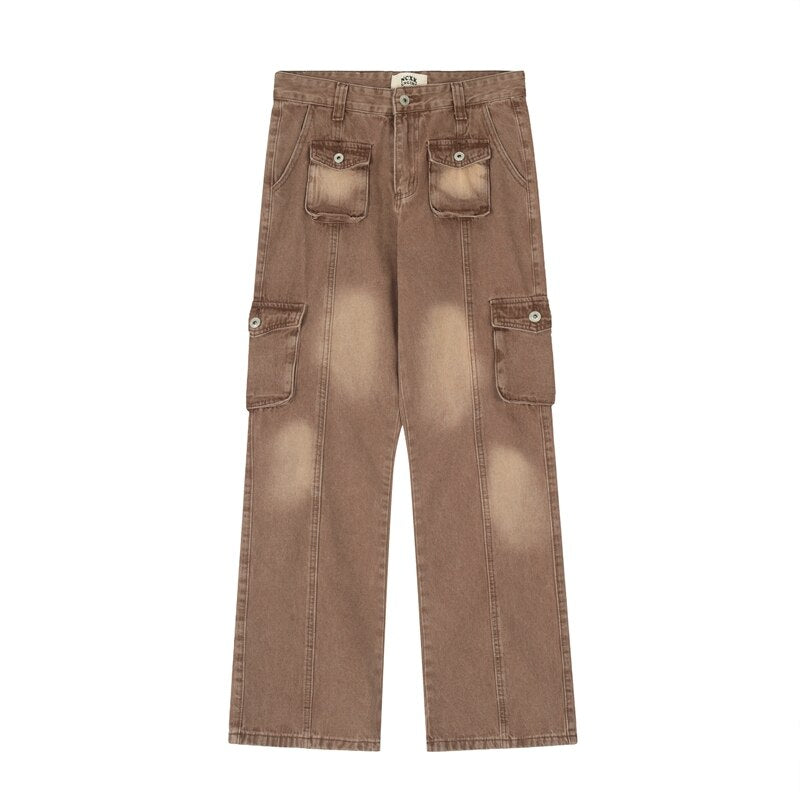 Bonsir High Street Washed Pockets Retro Jeans Pants for Men Straight Distressed Casual Baggy Denim Trousers Loose Hip Hop Cargos