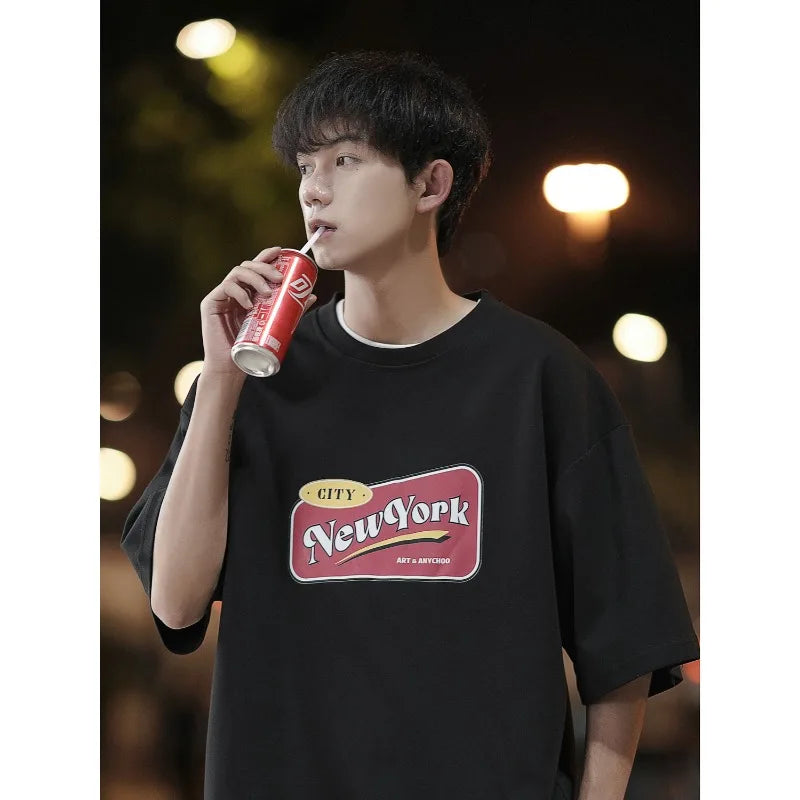 sanyamk - Hot Selling New Summer T-shirts for Boys, Loose Print, Large Hong Kong Style Inner Layer, Short Sleeves