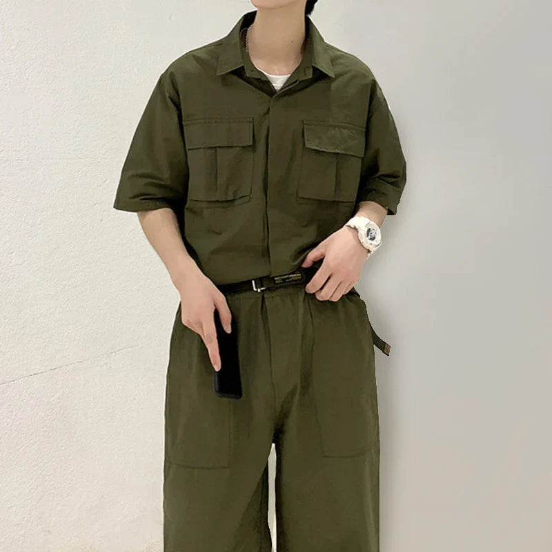 Bonsir - Mens Cargo Overalls Solid Color Lapel Short Sleeve Casual Jumpsuits Multi Pockets Loose Streetwear Rompers with Belt