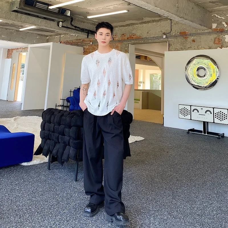 sanyamk - Summer Fashion Knitted Holes T-Shirts Men Black White Short Sleeve Stretch Tops Tees Young Personalized Streetwear Clothing