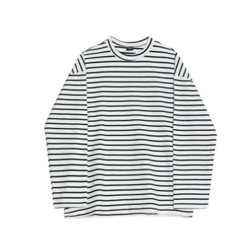 sanyamk - Minimalist Men's T-shirts Stripe Round Collar Long Sleeve Casual Tee Pullover Loose Male Tops Autumn Stylish 2024 9C6920