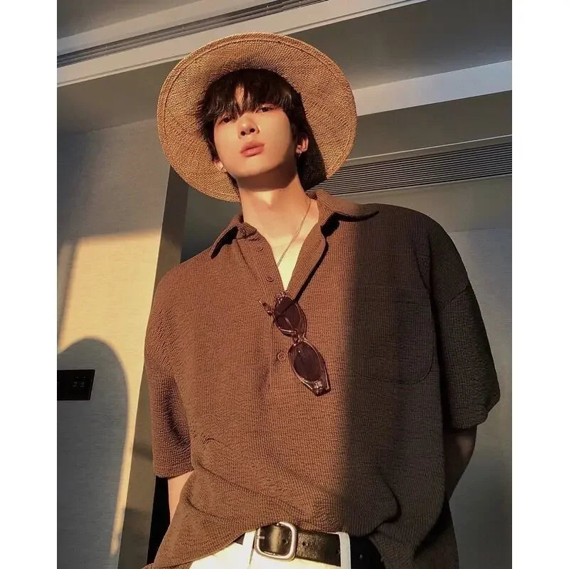 sanyamk - Summer Lapel Solid Color Knit Polo T-shirts for Men Short Sleeve Tee Korean Fashion Loose Casual Golf Button Waffle Polo Shirts