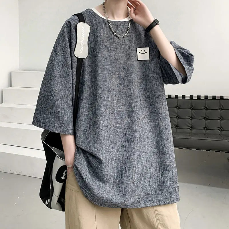 sanyamk - Men's Clothing Short Sleeve Round Neck Loose Straight Pullovers Solid Printing Handsome Simple Casual Streetwear T-Shirts